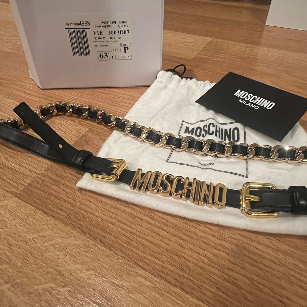 Moschino Women's Logo Double Buckle Chained Slim Leather Belt